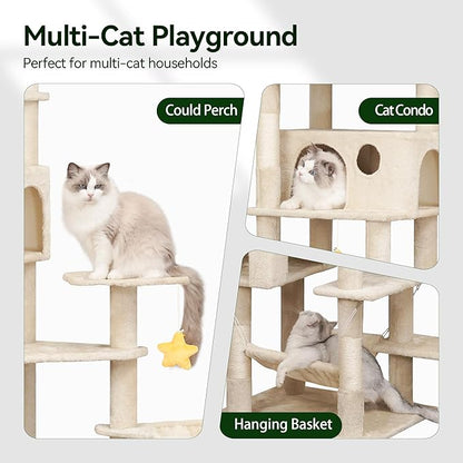 85inch Heavy Duty Cat Tree for Indoor Cats Large Adult, Tall Giant Cat Tower with Scratching Post, Large Perches, Cozy Cat Condos & Hanging Hammocks, Beige