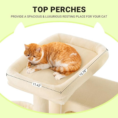 Allewie 64 Inches Cat Tree Tower/Multi-Level Activity Center for Indoor Big Felines/2 Plush Condos/2 Perchs/Basket/House/Sisal Scratching Posts/Hanging Cat Toys/Beige