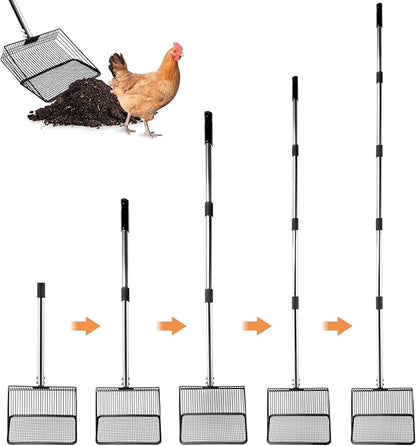 10inch Chicken Poop Scooper, Chicken Coop Scoop for Poop, 4 Sections Extended with 22 to 77inch Stainless Steel Adjustable Handle, Litter Scooper Sifting Shovel