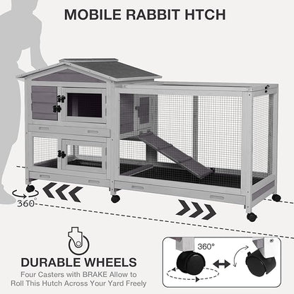 2-Story Indoor Rabbit Hutch with Chew-Proof Outdoor Rabbit Cage with 6 Locking Casters Bunny Cage 2 Pull-Out Trays Guinea Pigs Cage 62"