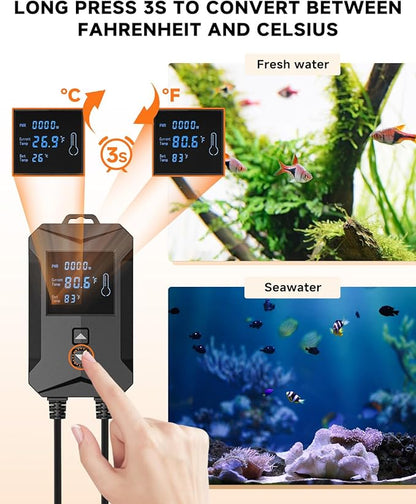 AQQA Aquarium Heater,64-95°F Fast Heating Double Quartz Glass Tube Fish Tank Heater,High-definition LCD Controller Displays Real-time Power,Anti-dry and Over-temperature Protection (1200W 210-330 Gal)