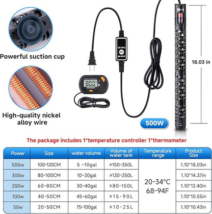 Aquarium Heater Submersible Fish Tank 500W& Turtle Tank Heater with External Adjustment Controller, Included Thermometer, LED Display, Overheat Protection, Detachable Cover, for Saltwater&Freshwater