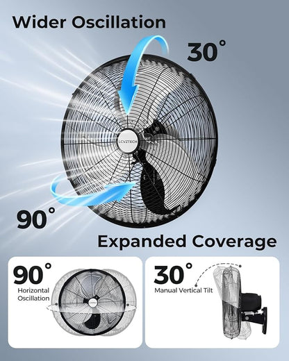 20 inch Wall Mount Fan Oscillating, 3-Speed 5500 CFM High Velocity Industrial Wall Mounted Fan, Heavy Duty Air Circulator for Garage, Shop, Gym, Workshop, Covered Patio - UL Listed