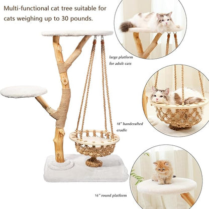 50" Tall Cat Tree Tower, Modern Cat Tree for Indoor Cats, Washable Wooden Perchs and Climbers for Large Cats, Cute Cat Furniture with Unique Cat Swing