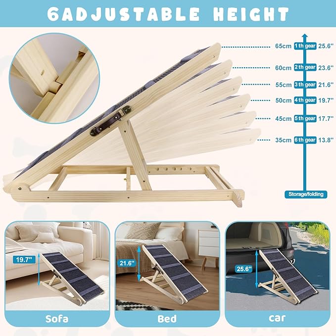 Dog Ramp for Bed, 6 Adjustable Height from 13.8" to 25.6", Folding Portable Wooden Pet Ramp for Small Dogs - Non-Slip High Traction Dog Ramp for High Bed Couch and Car Up to 200lbs