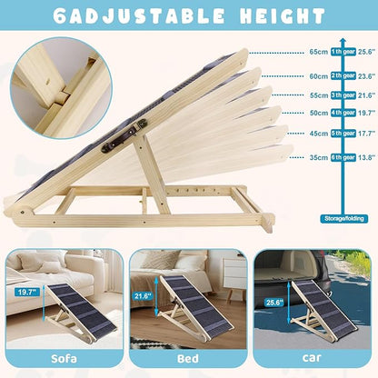 Dog Ramp for Bed, 6 Adjustable Height from 13.8" to 25.6", Folding Portable Wooden Pet Ramp for Small Dogs - Non-Slip High Traction Dog Ramp for High Bed Couch and Car Up to 200lbs