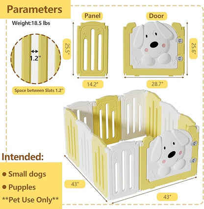 Foldable Dog Play Pen Indoors, Non-Slip Sturdy Puppy Playpen with Door, 25.5" H 10-Panel Adjustable Shape Dog Fence Pen for Small/Medium Dogs, Thickened, Easy to Store, White+Yellow