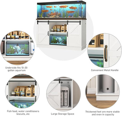Farmhouse 55-75 Gallon Fish Tank Stand with Power Outlet, Aquarium Stand with Cabinet&Sliding Barn Door, Heavy Duty Reptile Tank Stand for 2 Fish Tank/Turtle Tank/Reptile Terrarium, White