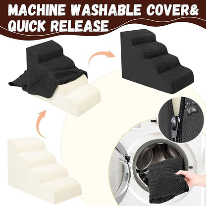 Dog Stairs for Small Dogs - High Density Foam Pet Steps, Extra Wide Dog Ramp with Non-Slip Bottom for High Beds, Couch and Sofa, Best for Dogs Injured, Older Doggy Cats, 4 Steps, Black