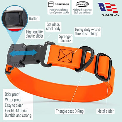 Dogline Biothane Waterproof Dog Collar with Herm Sprenger Stainless Steel Quick Release Buckle – Heavy Duty Tactical Durable Collar for Dogs – Comfortable and Safe Pet Collar, W 1" L 15-25", Orange