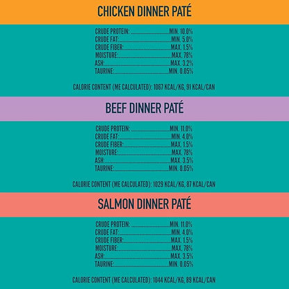 A Strong Heart Canned Wet Cat Food, Chicken, Beef and Salmon Variety Pack - 3 oz Cans (Pack of 24), Made in The USA with Real Chicken, Beef and Salmon