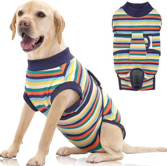FUAMEY Recovery Suit for Dogs After Surgery,Soft Breathable Dog Bodysuit E-Collar & Cone Alternative Surgical Suit,Male Female Dog Neuter Spay Suits Anti Licking Wounds Onesie Dark Blue Stripes XL