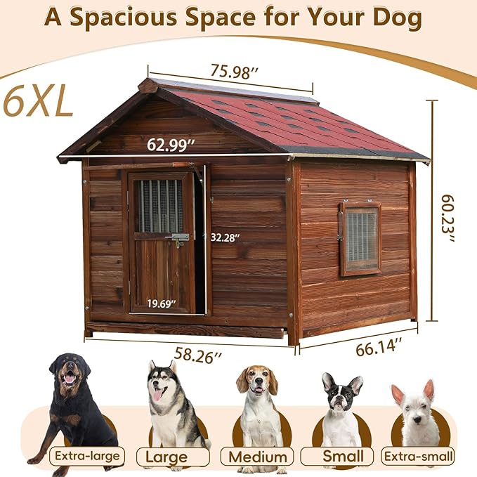 Extra Large Wooden Dog House Outdoor, Waterproof Heavy Duty Dog House Outside with Door and Adjustable Window, Large Outdoor Pet Kennel, 6XL