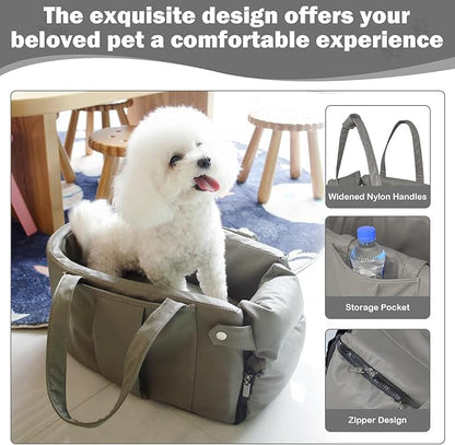 2 and 1 Center Console Dog Car Seat & Carrier for Small Dogs, Large Leather Dog Car Bed with Storage Pocket, Waterproof PVC Leather Seat Travel Bed for Front & Back Seat, Clip-On Safety Leash