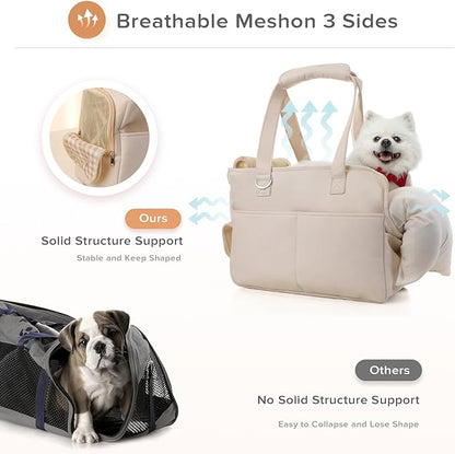 Dog Purse Carrier for Small Dogs, Soft Soft Sided Folding Dog Carriers for Small Dogs Medium Cats Puppies up to 15 Lbs, Washable Breathable Puppy Carrier for Outdoor Travel (Large Beige)