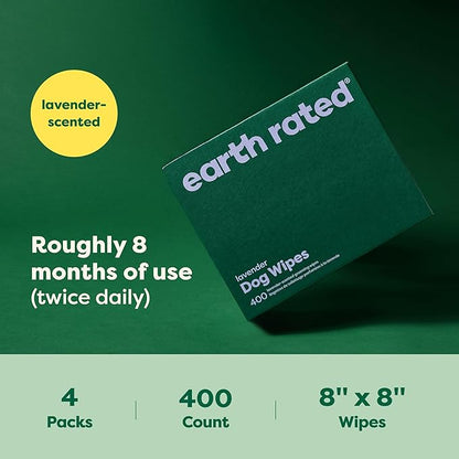 Earth Rated Dog Wipes, Hypoallergenic, Cleaning and Hydrating, for Grooming Paws, Body and Butt, Lavender Scented, 400 Count