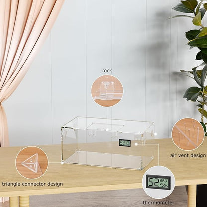 Acrylic Tarantula Enclosure, Reptile Terrarium Breeding Tank w/Temperature Hygrometer,Habitat Reptiles Feeding Box Isopod Terrarium Cage for Insect Lizard Home Office (Reptile-Tank-S(No Tray))