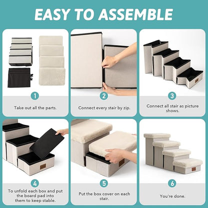 Dog Stair for Small Dogs with Storage, 21" H Foldable Pet Step with Soft Cover, Older Cat Ramp for High Bed or Car, Lightweight, Comfort, 39.7x13x21.2 inch, 5 Tiers, Beige