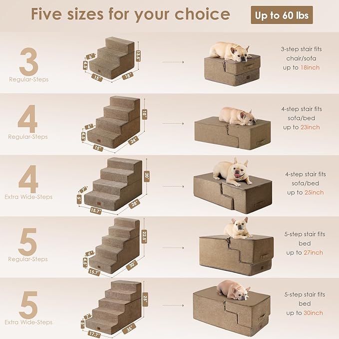 EHEYCIGA Dog Stairs for High Bed 25" H, 5-Step Extra Wide Dog Steps for Bed, Pet Steps for Small Dogs and Cats, Non-Slip Balanced Pet Ramp Indoor, Camel