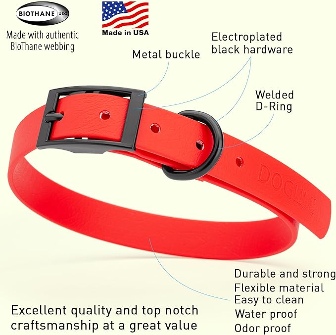 Dogline Biothane Waterproof Dog Collar Strong Coated Nylon Webbing with Black Hardware Odor- Proof for Easy Care Easy to Clean High Performance Fits Small Medium or Large Dogs, Cherry Red