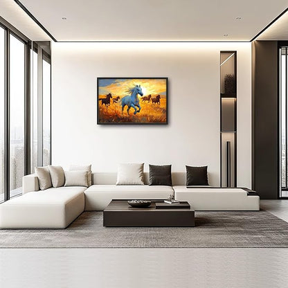 Framed Large Horse Wall Art for Living Room, Oversized Running Horses Wall Decor, Sunset Field Landscape Canvas Painting Home Decoration for Living Room Bedroom Dining Room Office 36"x24"