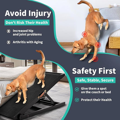 Dog Ramp for Bed, Adjustable Pet Ramps for Dog to Get on Bed, Non-Slip Rubber Surface - Folding Wooden Dog Ramp for Small/Large/Old Dogs, Adjustable up to 19.5 inch High Beds