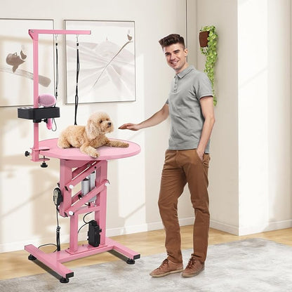 Electric Hydraulic Lift Pet Dog Grooming Table, 24Inch Grooming Desktop for Small Dogs, with Overhead Arm, Wireless Remote, Tool Organizer, Pink