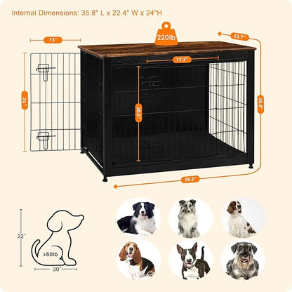 DWANTON Dog Crate Furniture with Cushion, Wooden Kennel Table with Double Doors, Indoor Dog House, Large Size, 38.5" L, Black+Rustic Brown