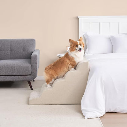 EHEYCIGA Curved Dog Stairs Ramp for High Beds, 5-Step Extra Wide Dog Steps for Small Dogs and Cats, Pet Stairs for High Bed Climbing, Non-Slip Balanced Pet Step Indoor, Beige