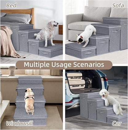 Dog Stairs with Storage, 4-Step Folding Pet Steps for Small Dogs and Cats, Pet Steps Storage with Zip, Pet Stairs for High Bed, Couch and Car Ramp (Gray, 4 Steps no Condo)