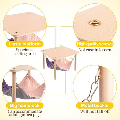 Enlarged Guinea Pig Hammock with Wooden Stand,Small Animal Hanging Bed Large Platform for Guinea Pigs Bunny Ferret Hamster Hiding Sleeping 13L x 13W x 11H in