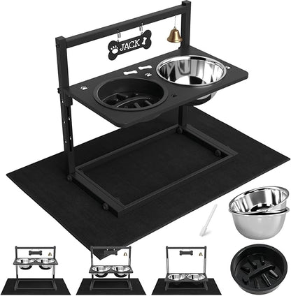 Elevated Dog Bowls with Slow Feeder and Spill Proof Mat, Adjustable Height 4.3-11.8'', Two 1.7L Stainless Steel Food & Water Bowls, Metal Raised Dog Bowl Stand, for Large Medium Breeds