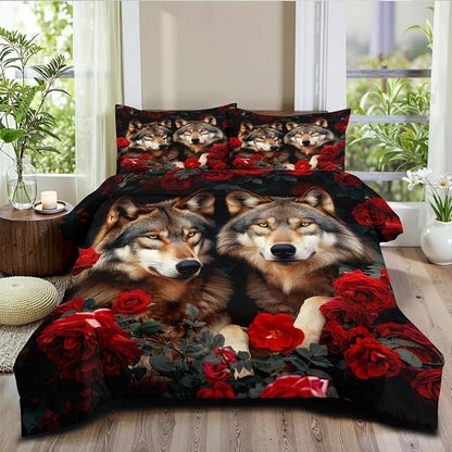Wolf Comforter Set Queen Size Red Rose Wolves Bedding Set Wild Animal Bedding Sets Black Floral Animals Comforters 3 Piece Soft Down Alternative Comforter Sets for Girls Boys Kids Teens
