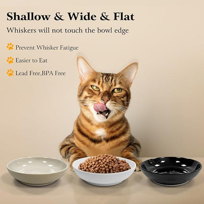 3PCS Cat Food Bowl,Ceramic Cat Dish for Indoor Cats,Wide Shallow Cat Bowls for Dry and Wet Food,Anti Whisker Fatigue Cat Plates for Kitten Cats or Dogs