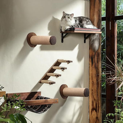 FUKUMARU Cat Wall Furniture, 11.8 Inch Cats Shelves for Drywall, Walnut Wood Kitten Stairs for Wall Mounted with Jute Scratching Kittens Steps, 2 of Pack