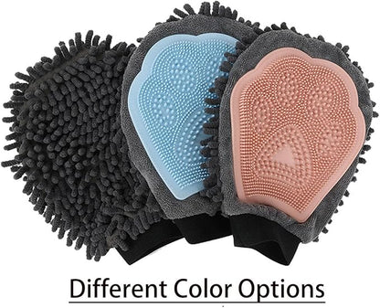 Dual Sided Pet Grooming Glove with Rubber Paw - 2-in-1 Grooming Glove | Fun Dogs & Cats Grooming Tool for Brushing, Massaging, and Scrubbing | Chenille Fabric Side Acts as Pet Bathing(Blue)