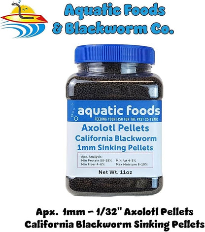 Aquatic Foods Inc. Axolotl Blackworm Pellets. 1mm-1/32 Sinking California Blackworm Micro Pellets for Baby Axolotl, Frogs, Shrimp, Salamanders, Newts, Snails…11oz Jar