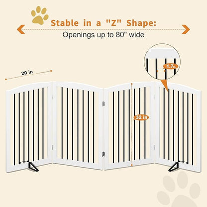 Freestanding Pet Gate - Foldable Wooden Dog Gate, 80 Inch Wide, 4 Panels, White