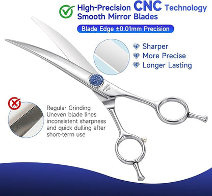 7'' Dog Grooming Scissors CNC 440C Blades Sharp and Durable Polished Curved Dog Shears with Blue Diamond Adustable Screws Easy to Use for Groomer and Home User