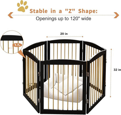 Freestanding Pet Gate for Dogs, Foldable Wooden Dog Gate for House, Extra Wide Indoor Pet Barrier for Stair, Doorway, Hall, Support Feet Included, 120 Inch Wide, 6 Panels 24",Black&Gold