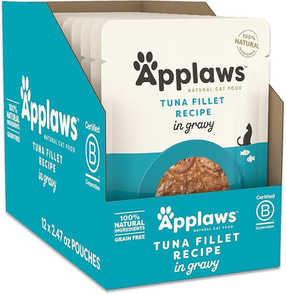 Applaws Natural Wet Cat Food in Gravy, Limited Ingredient Wet Cat Food Pouches, No Additives, Made with Natural Ingredients, Tuna Fillet in Gravy (12 x 2.47oz Pouches)