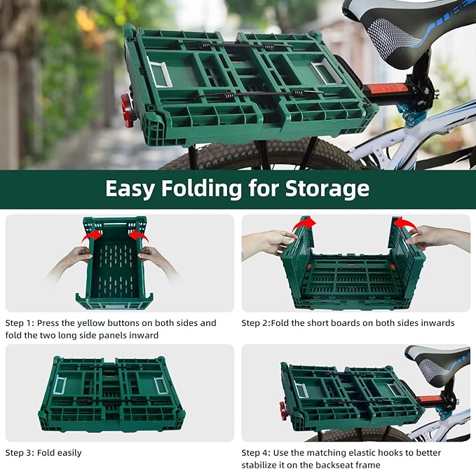 Foldable Large Green Plastic Bicycle Rear Basket with Cargo Net and Waterproof Cover Net for Shopping Outings, Pets, School, Picnics or Outdoor Activities, Easy to Install on Rack Mount