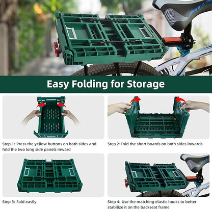 Foldable Large Green Plastic Bicycle Rear Basket with Cargo Net and Waterproof Cover Net for Shopping Outings, Pets, School, Picnics or Outdoor Activities, Easy to Install on Rack Mount
