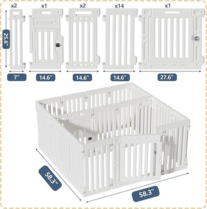 2 Room Dog Playpen with Door,DIY Shape Combination Puppy Pen,16-Panel+2 Link Piece+Large Door+Small Door,25.5" H Dog Fence,Non-Slip&Secure Pet Gate,Easy to Assemble