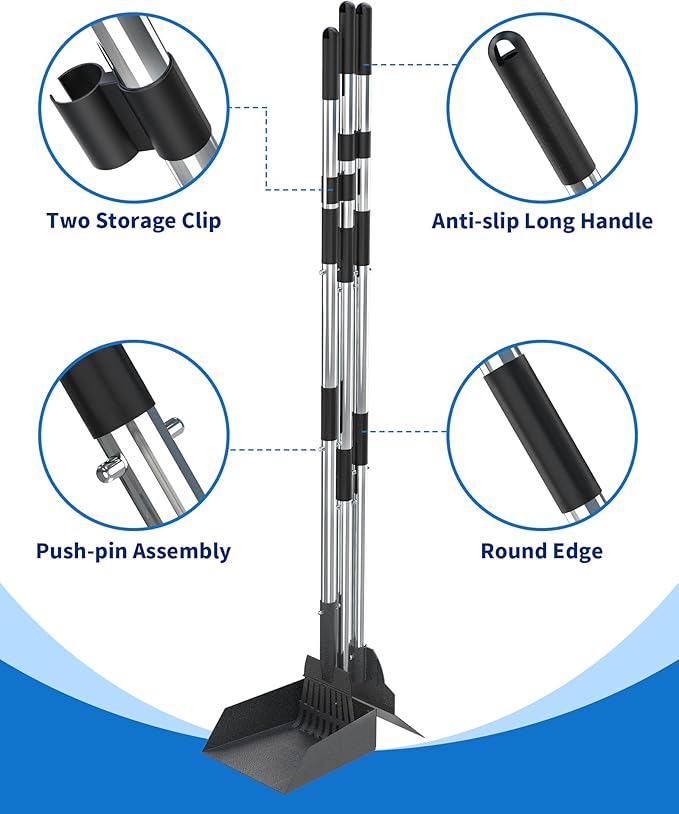 Dog Pooper Scooper Set, Stainless Metal Tray Rake Spade 3 Pack, Long Handle Pet Waste Scooper for Large Medium Small Dogs, Heavy Duty Poop Scooper for Yard, Grass, Dirt or Gravel