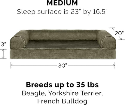 Furhaven Cooling Gel Dog Bed for Medium/Small Dogs w/ Removable Bolsters & Washable Cover, For Dogs Up to 35 lbs - Faux Fur & Velvet Sofa - Dark Sage, Medium