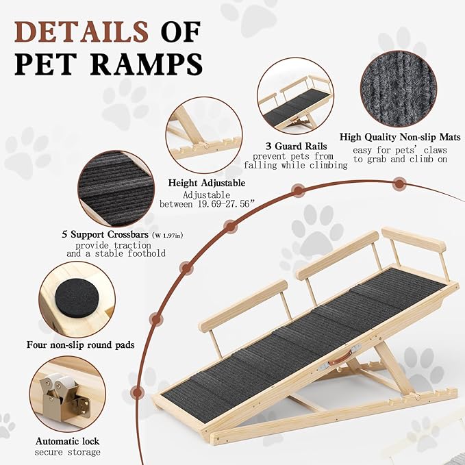 Dog Ramp for High Bed, Couch, Car, Pet Ramps 55.12" Long Adjustable 19.7"-27.6" Wooden Dog Step with High Traction Mat & Safety Side Rails for Small Medium Large Older Pets, up to 250 lbs