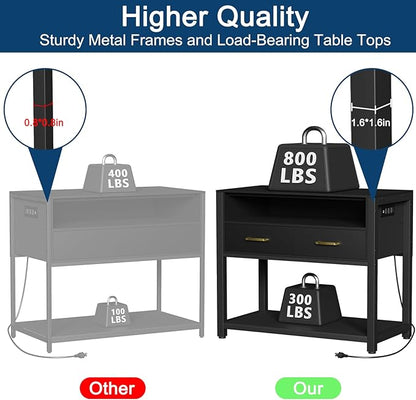 40-50 Gallon Fish Tank Stand with Power Outlet & 2 Storage Drawers, Heavy Duty Metal Frame Aquarium Stand with Waterproof Mat, 36.6" L*19.1" W Tabletop, 800LBS Capacity, Black
