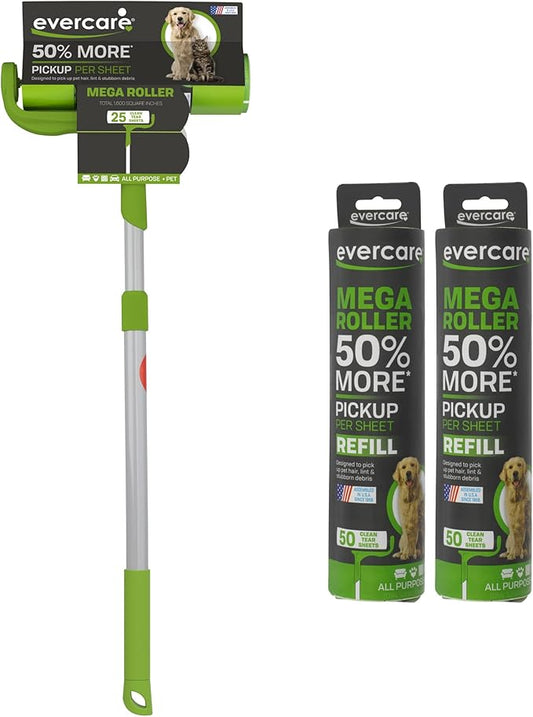 Evercare Pet Mega Lint Roller Value Pack with Two 50-Sheet Refills - Includes Refillable Lint Roller, Adhesive Sheets, Versatile Cleaning Uses, Home and On-The-Go Use, Extendable Handle