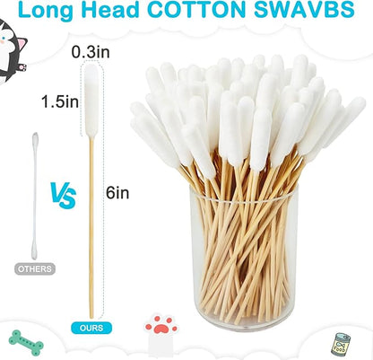 100 PCS Professional Dog Ear Cleaning Swabs - 6-inch Large Cotton Swabs, Gentle and Comfortable Bamboo Cotton Buds, Prevent Infections, Ideal Solution for Pet Ear Care (Long Tips)